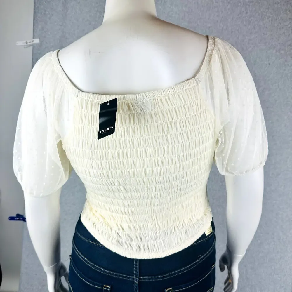 Torrid Womans Sz 4X Plus Blouse Smocked Dot Mesh Square Neck Crop Top Ivory NWT
